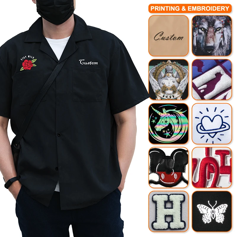 Wholesale Custom Logo Mens Camp Collar Uniform Printed Open Button Up Half Sleeved Letter Two Pocket Plaid Casual Shirts For Men