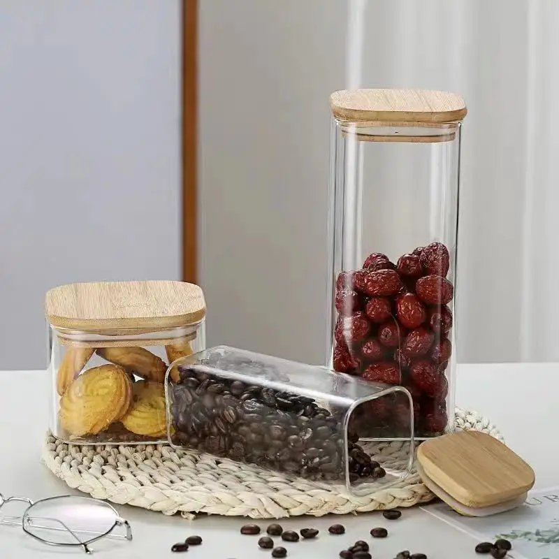 Glass Storage Jars with Sealed Bamboo Lids -Clear Glass Bulk Food Storage Canister for Serving Tea, Coffee, Spice, Candy, Cookie