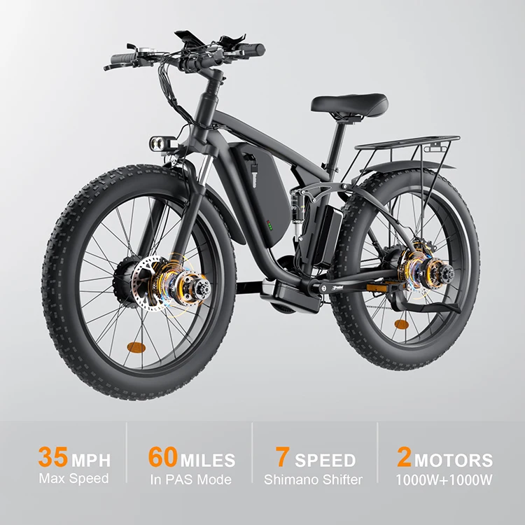 US Stock 26*4.0 2000W Dual Motor Big Power Electric Fat Tire Bike 48v 22.4ah Battery Bicycle Electric Mountain Bike Snow E-bike