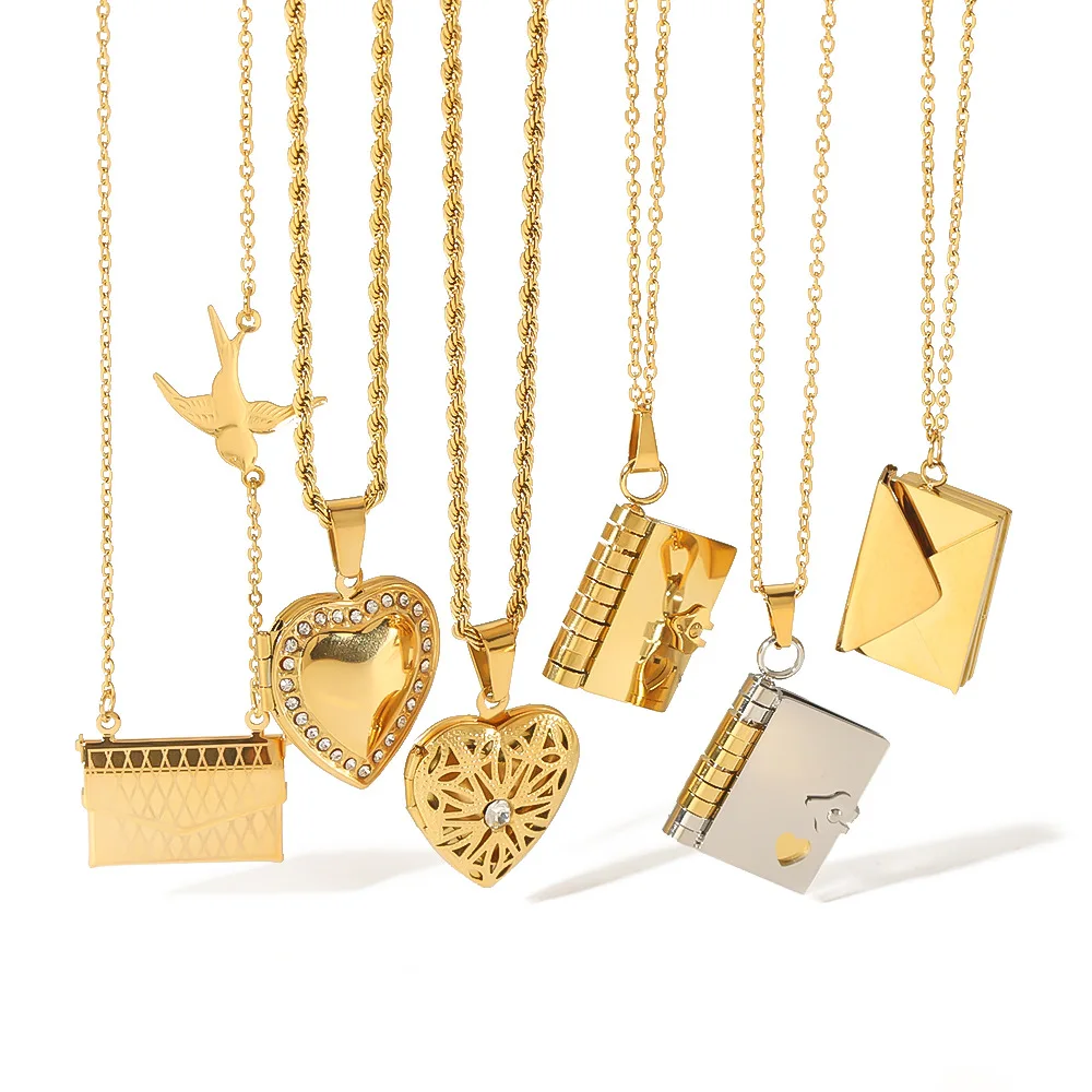 New Wholesale Stainless Steel Heart Necklace Couple Charm Necklace 18k Gold Plated Open Book Lovers Necklace