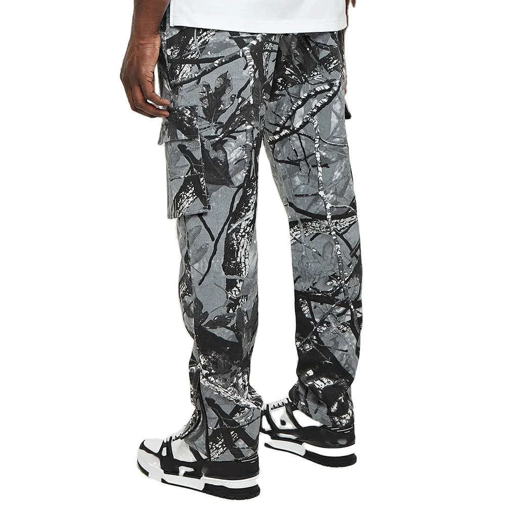 New Design Custom Streetwear Nylon Print Wide Leg Jeans Camouflage Camo Work Cargo Pants For Men