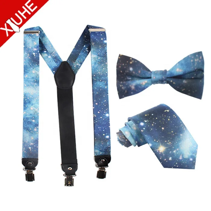 Fashion digital printing space and star pattern silk necktie bowtie and suspender set
