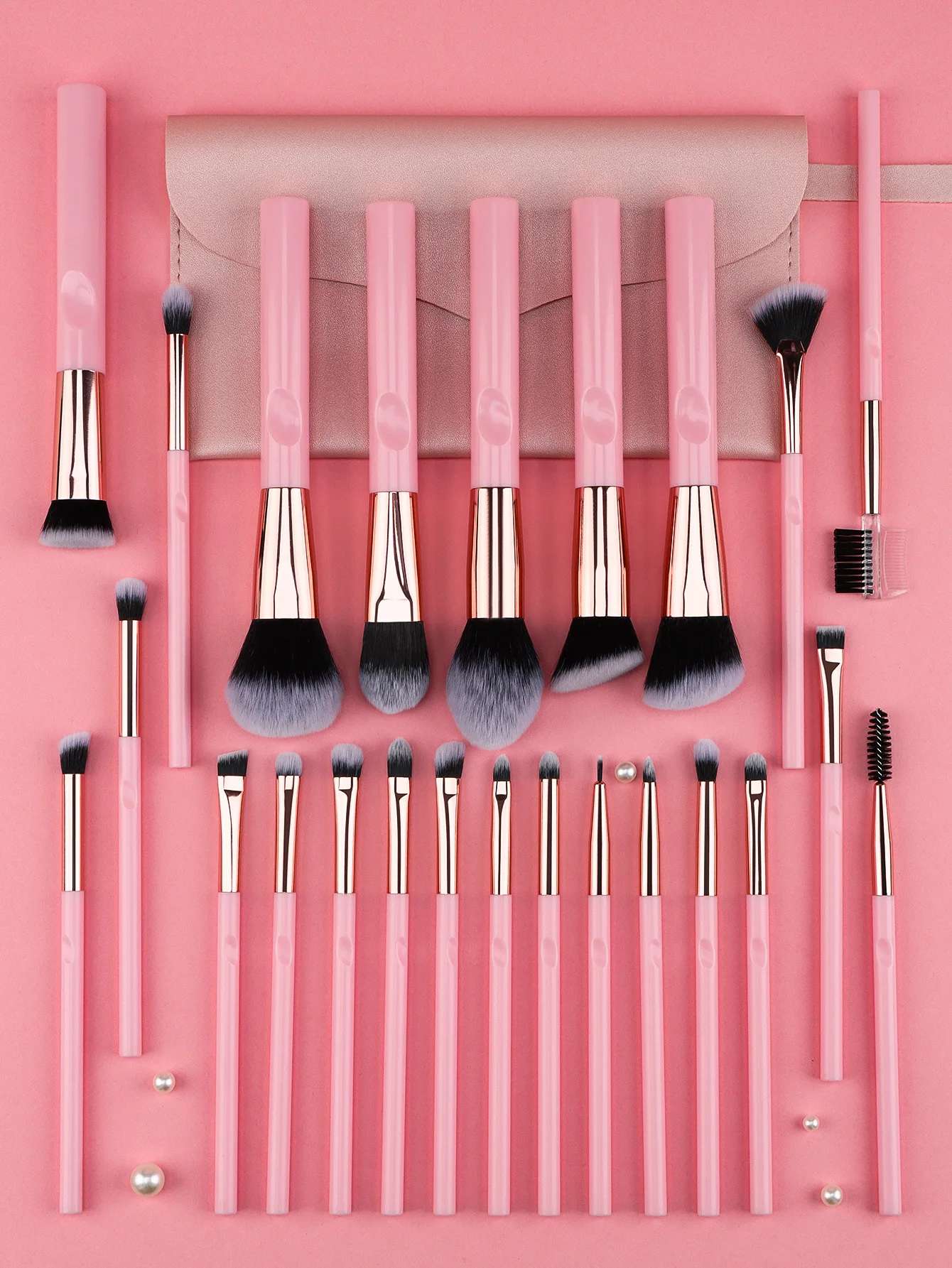 no logo hot sale brush set cosmetics 24 pcs pink black gray green color makeup brushes set with pu leather bag