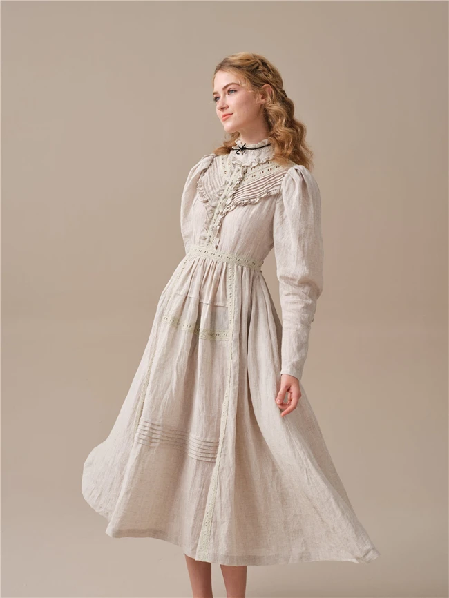 2024 Winter Vintage Custom Women White Ruffle Long Sleeve 100% Linen Midi Dress
