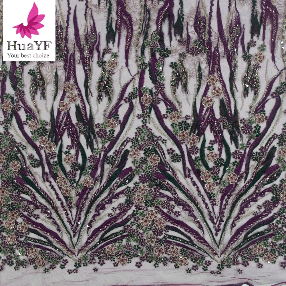 2021 Newest hot african 3d floral embroidery beaded lace with sequins decorations purple and green tulle lace dress HY1429-3