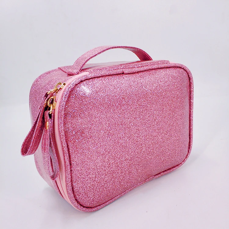 shiny glitter vintage cosmetic organizer pink PU leather makeup bags portable travel case wash pouch