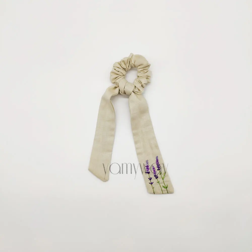 2024 new design lavender daisy embroidery linen hair scrunchies bow
