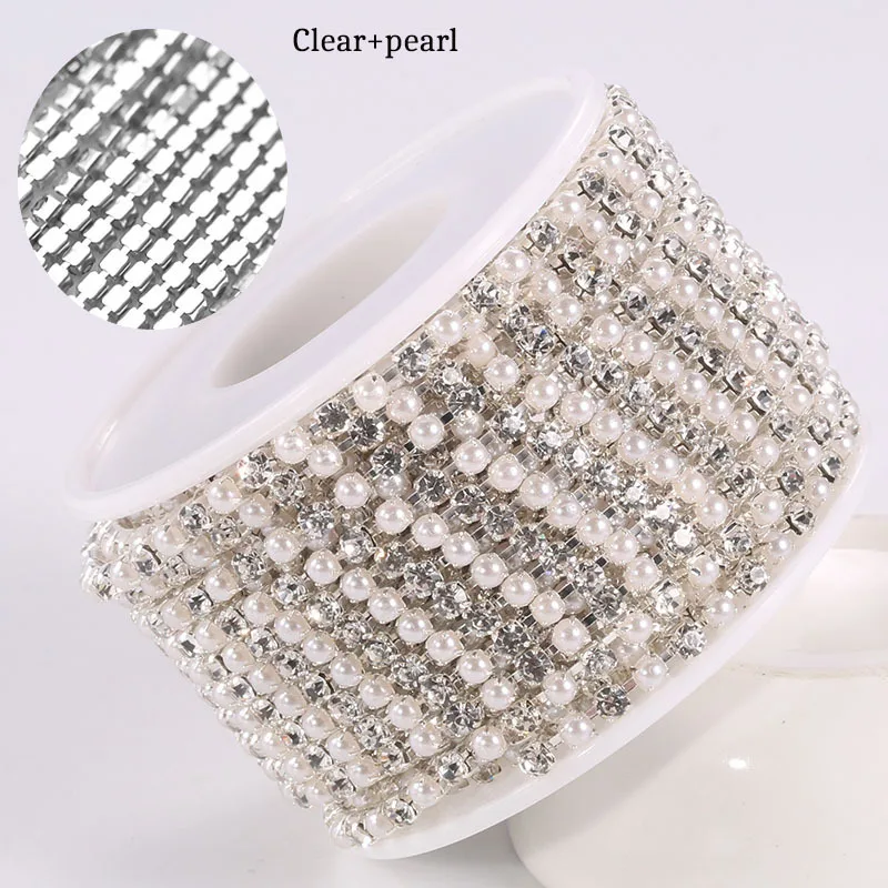 Wholesale Dress Accessories Pearl Diamond Mix Chain Silver Gold Copper Crystal Rhinestone Cup Chain Roll for Sewing Crafts DIY