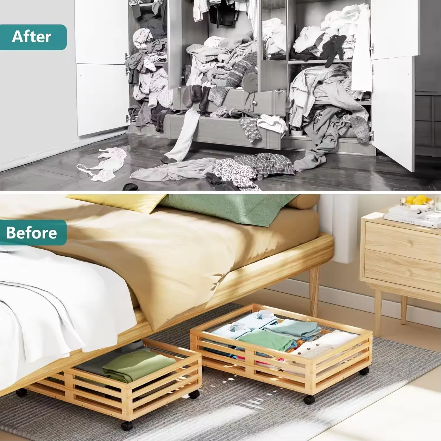 Large Capacity Household Closet Organizers and Storage Bins Bamboo Wooden Under Bed Containers Organizer Box With Wheels