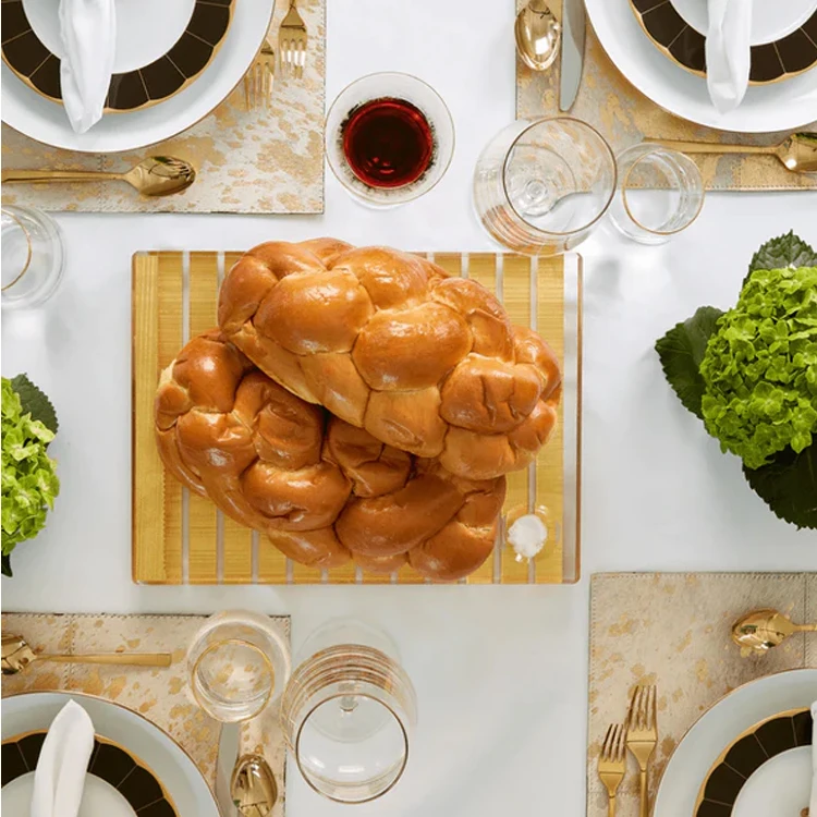 Translucent Glossy Solid Acrylic Striped Silver Challah Board include Magnetic Acrylic Knife