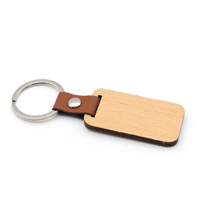 Custom Logo Blank Wooden Keychain Handmade Round Shape Keyring With Split Key Ring Leather