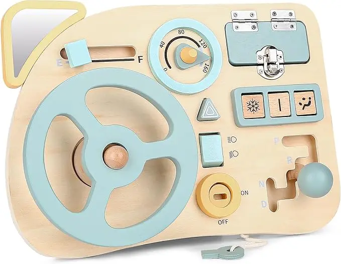 Montessori Busy Board Toy for Toddlers, Car Wooden Sensory Board Educational Toys with 10 Fine Activity Motor Skills