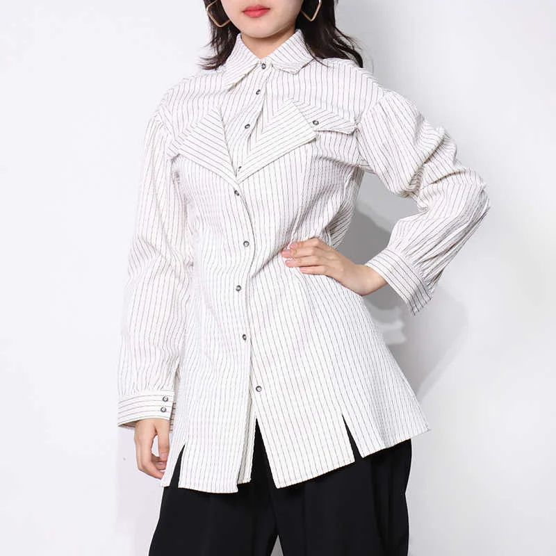 TWOTWINSTYLE Lapel Long Sleeve Patchwork Striped Single Breasted Ladies Women Tops Elegant Blouses