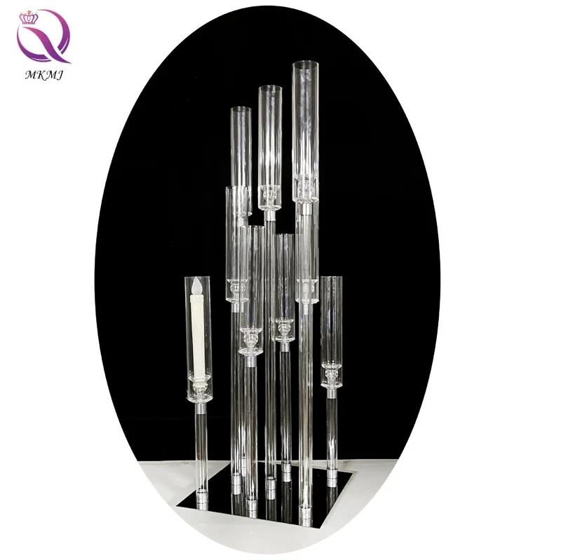 Low MOQ can be customized European wedding centerpiece Transparent 9-arm crystal candlestick clear acrylic wedding road guide