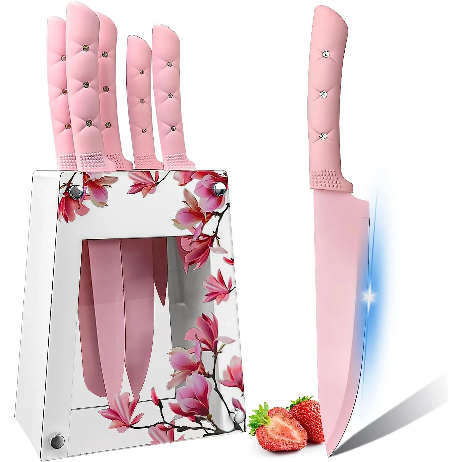 Kitchen Knife Set Pink Flower 6PC Stainless Steel Sharp Chef Cooking Non-slip Knife Set with Acrylic Stand & Block, Non-stick
