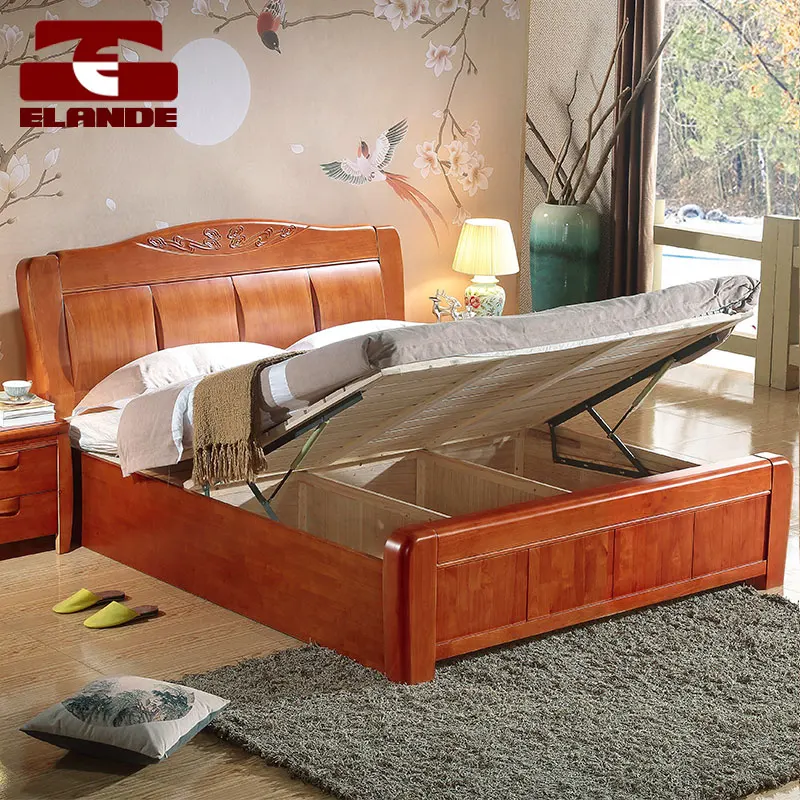 Hot-selling simple solid wood thickened bed Bedroom storage furniture Wooden double bed