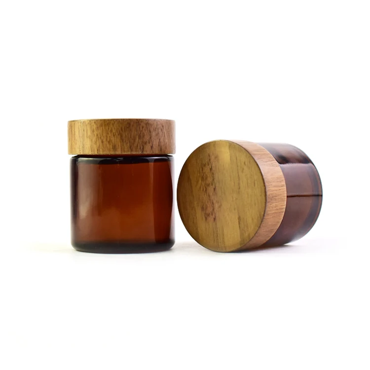 Wholesale Glass Containers Bamboo Lip 2oz 3oz Dry Flower Bamboo Wooden Glass Jar with Wooden Lid