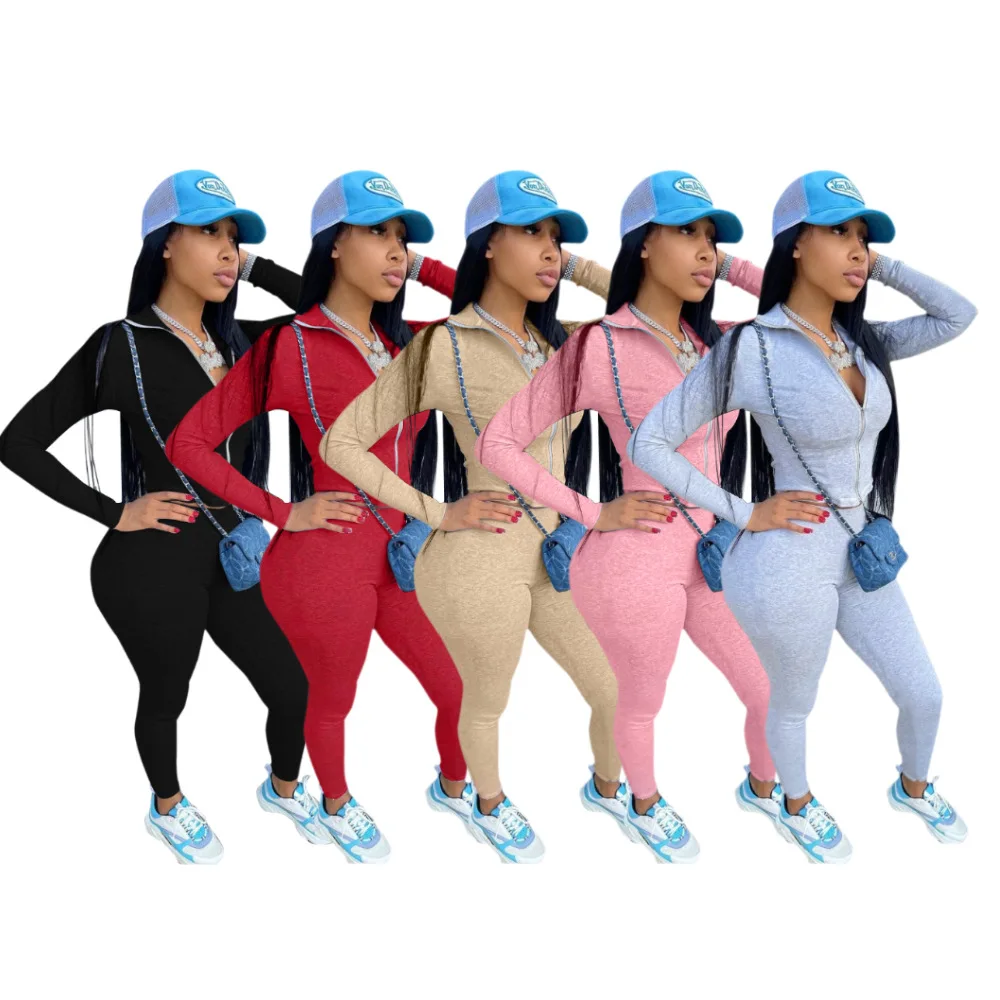 XT859 2021 Fall fashion slim women sets solid color two 2 piece pants set Street wear fitness women 2 piece suit clothes