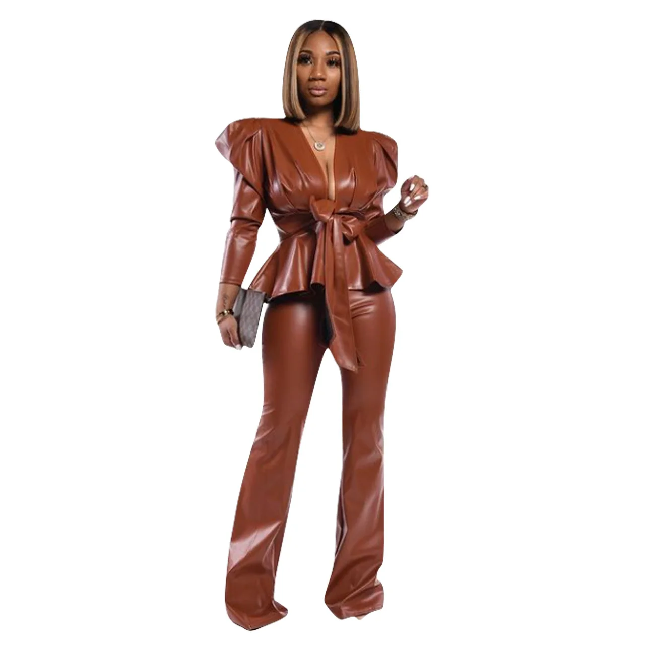 Solid Color Pu Leather Jacket Chic Causal V-Neck Long Sleeve Faux Pu Jacket  Pants Outfits Women Leather Jacket Two  Piece Set