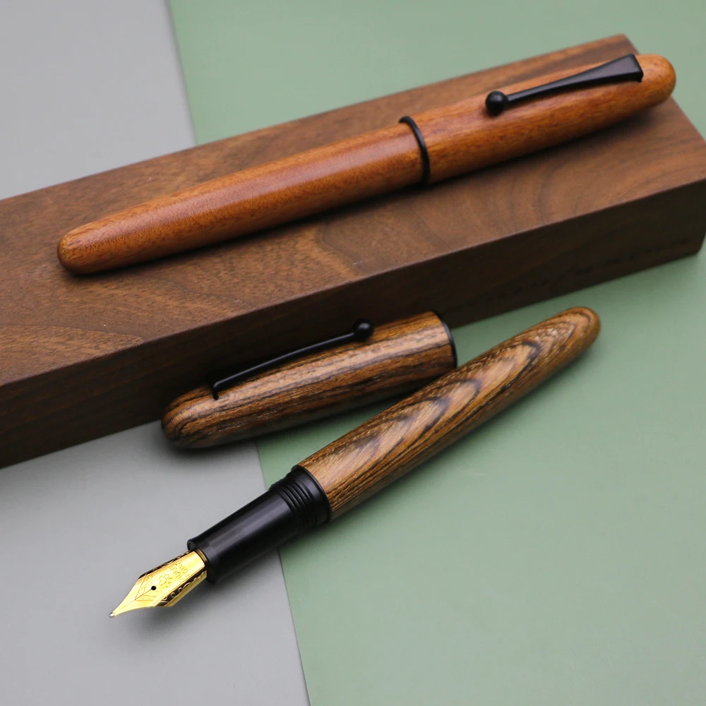 Wholesale Papeleria Calligraphy Fountain Pen Wood Grain Exquisite Black Clip wooden fountain pen with Medium E, EF nibs
