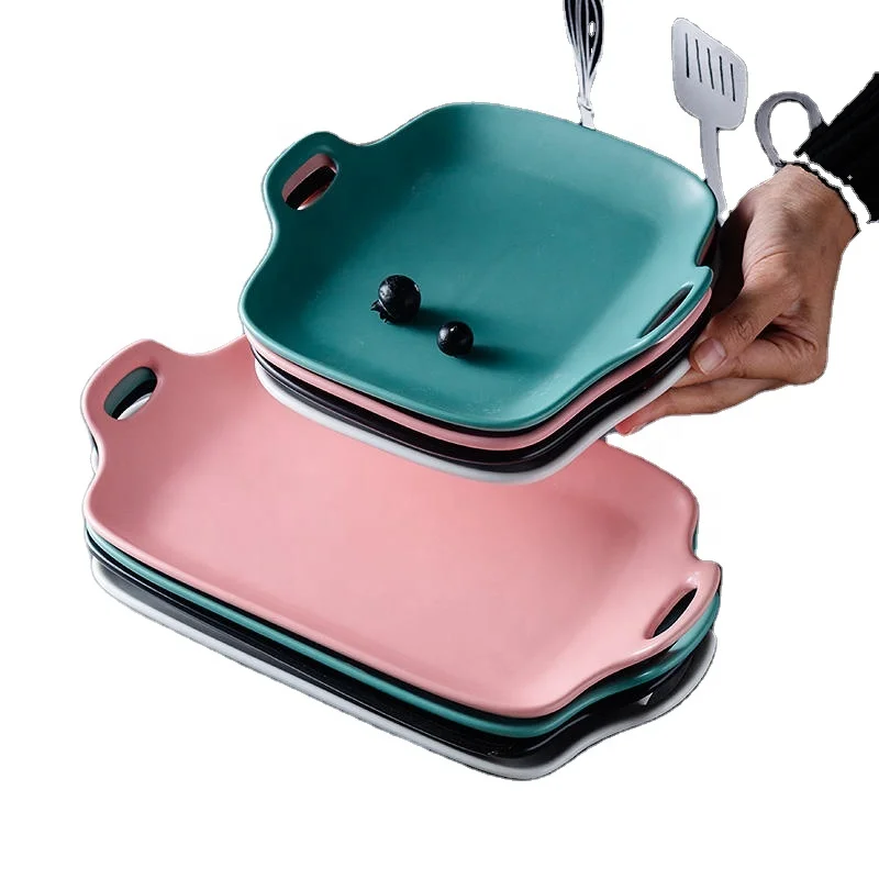 
Luxury Microwave Oven matte dinner set binaural tray household ceramic plates and bowls With Handle 