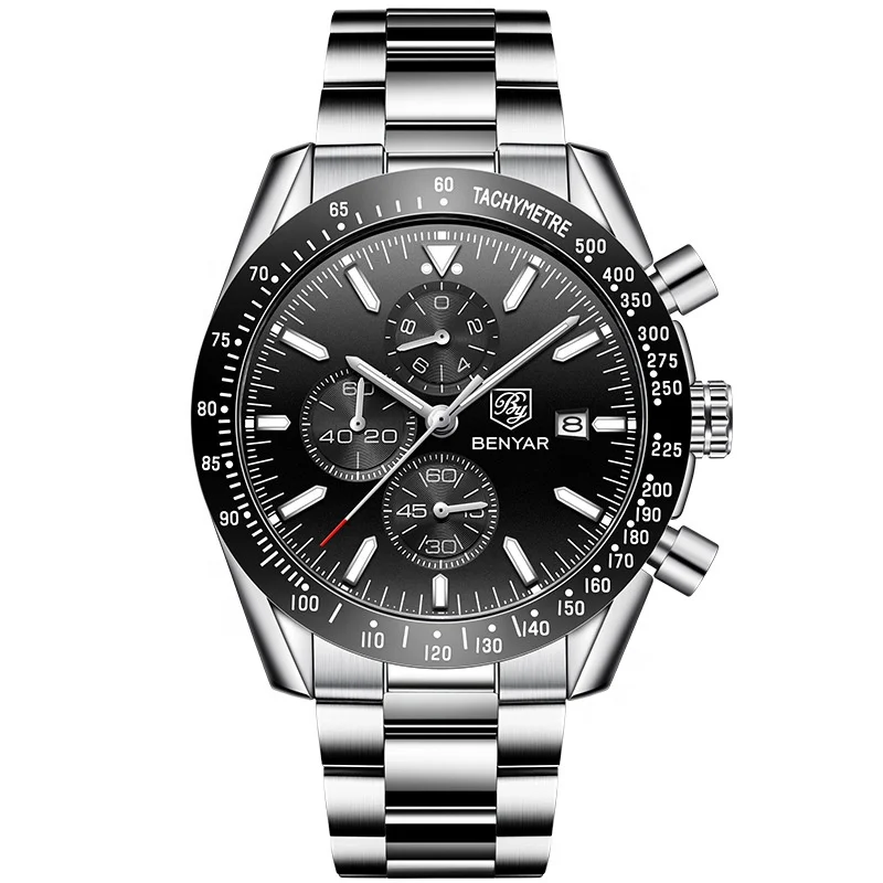 Montre Homme Original Benyar 5140 Luxury Brand  Silicone Sport Watches Fashion Chronograph Quartz Watch For Men