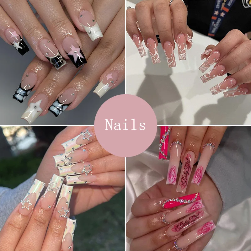 New Design Long Diamond Studded Nail Art High Quality Jelly Glue Nail Patch Handmade Press on Nails Wholesale