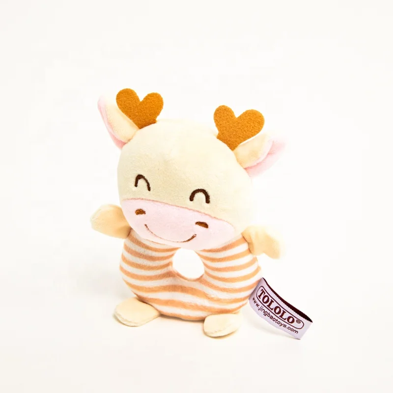 Baby Soft Toy Rattle Cow Teether Embroidered Soft Plush Ring Rattle Toy for Over 0 Months
