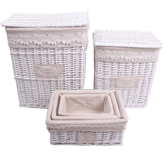 Wholesale cheaper rectangle wicker laundry basket set of 5 with lid for home
