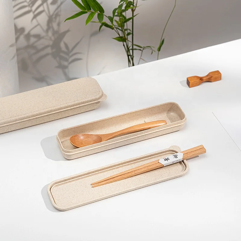 Chopsticks Spoon Travel Utensils Reusable Portable Wooden Cutlery set with Wheat Straw Case