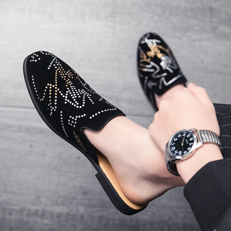 Leather scuff Slippers Mules Men Suede Casual Walking Shoes Summer Slip-On Backless Diamond Loafers Lazy Half Shoe Men