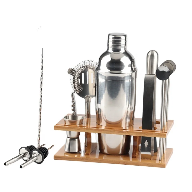 Direct Factory Bartender Set Professional Barware Kit Tools 14-piece Stainless Steel Cocktail Shaker Set with Stand