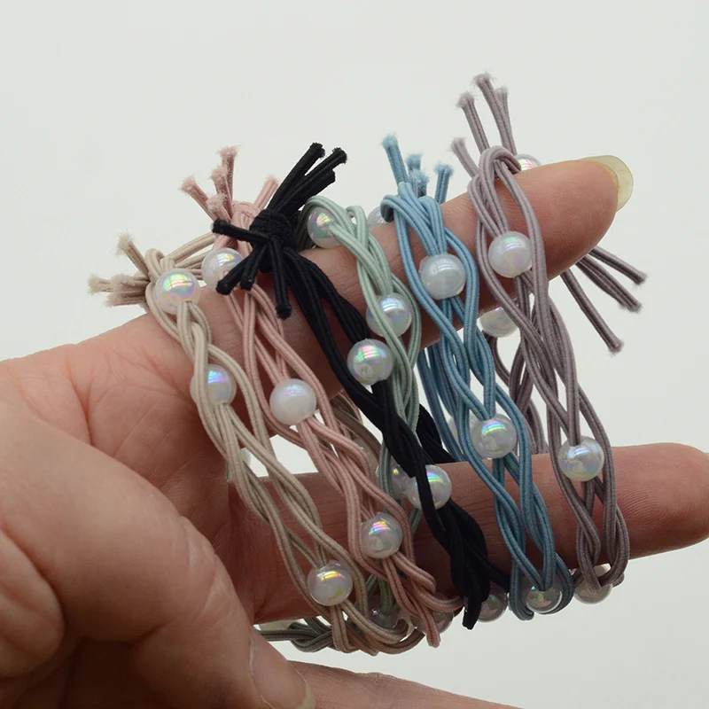 Four Cords Crochet Elastic Hair Bands with White AB Pearl Beads Elasticity Hair Ties Women Scrunchies Ponytail Holders