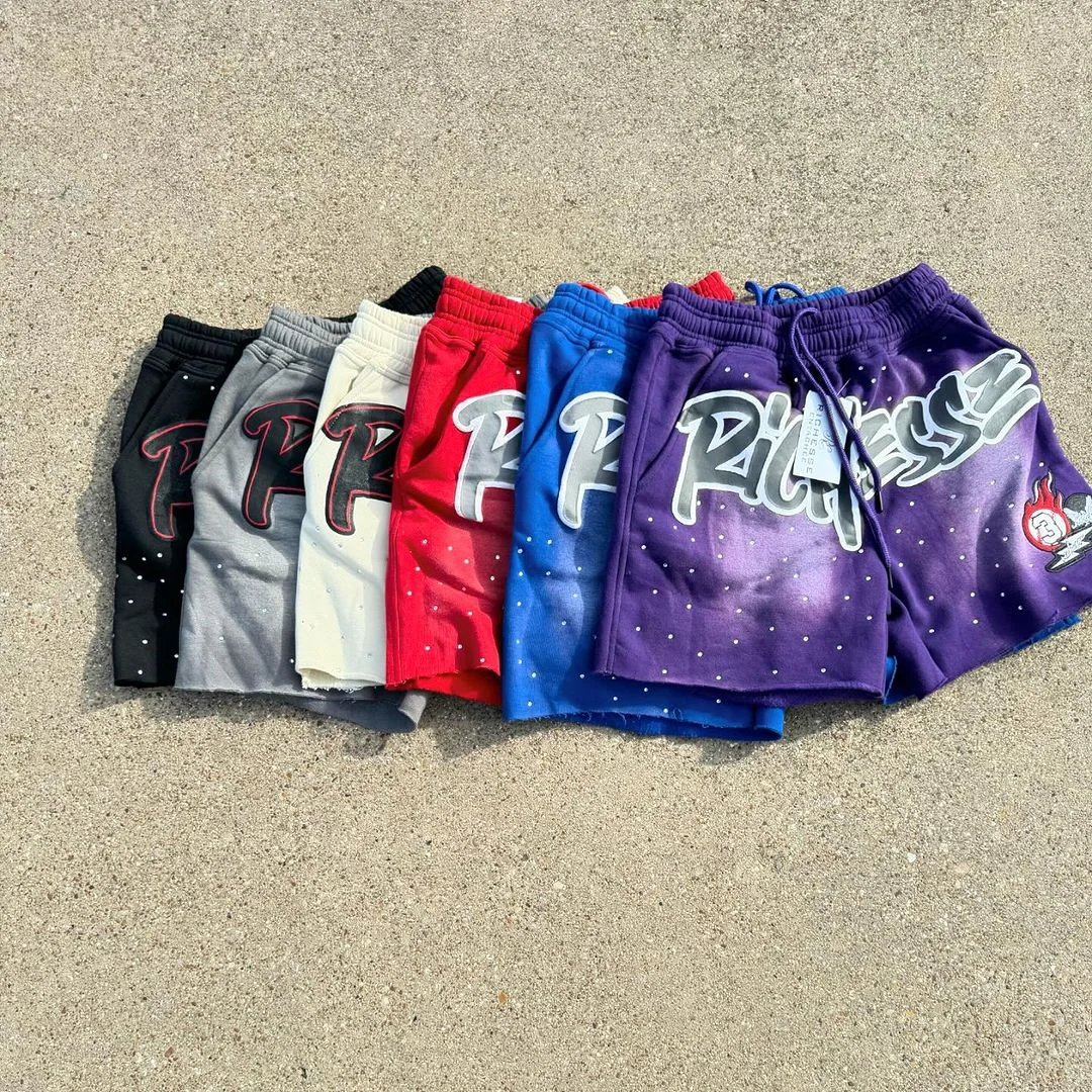 Custom Blank Acid Wash Shorts Distressed Vintage Black  Men French Terry Cotton Puff Printed Acid Wash Shorts