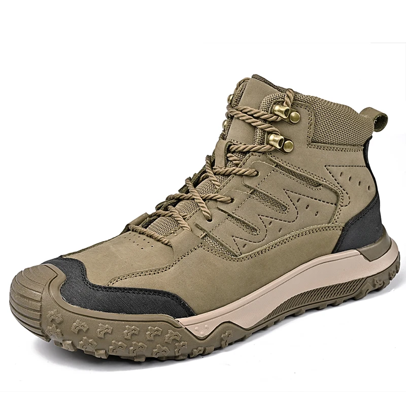 In Ready Stock Custom LOGO Drop Shipping Service Pure Cow Leather Mesh Upper Anti Slip Men Outdoor Hiking Mountain Boots