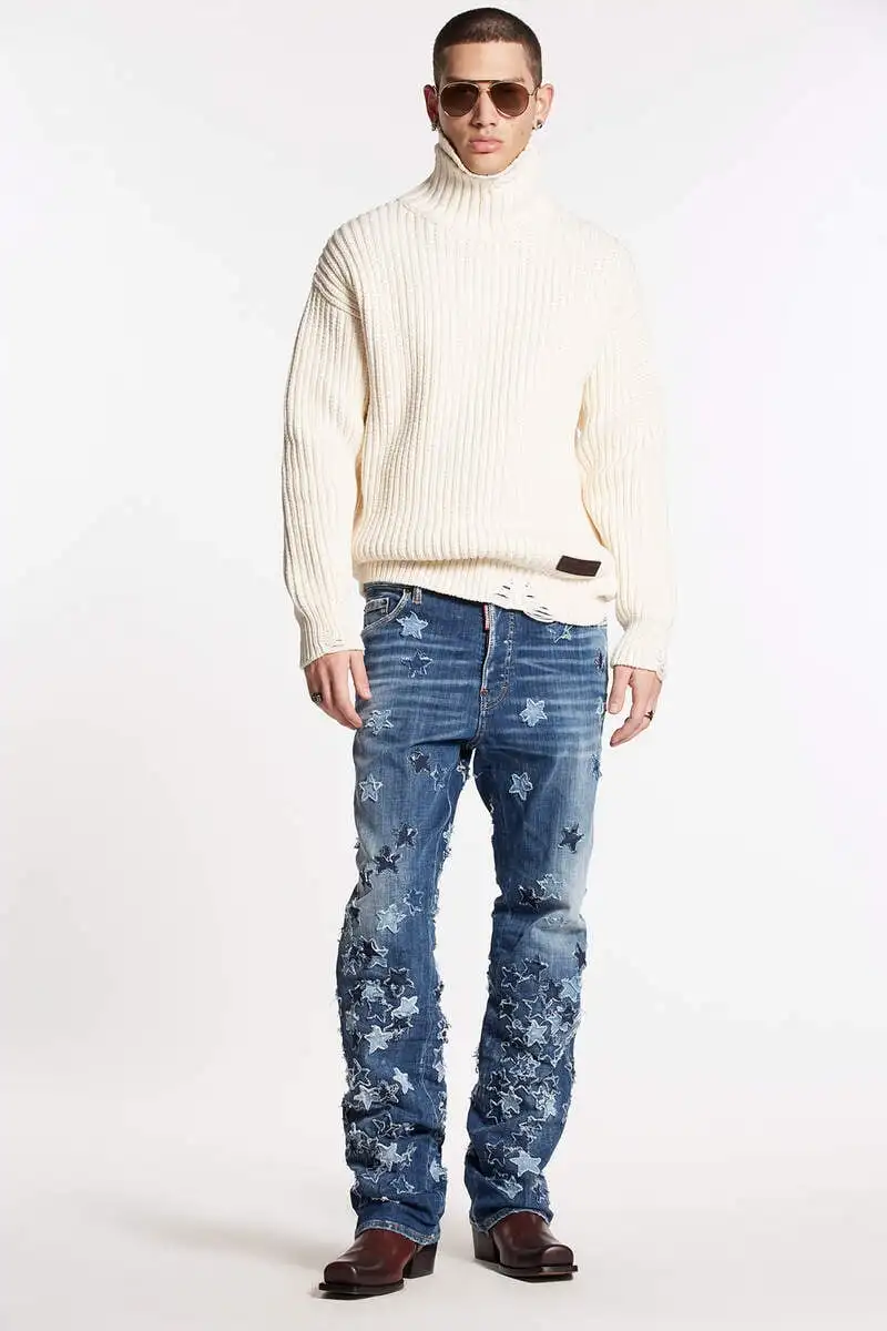 Medium Stars Wash Roadie Jeans Embroidered Patches Stretch Cotton Boot Cut Denim Jeans Men