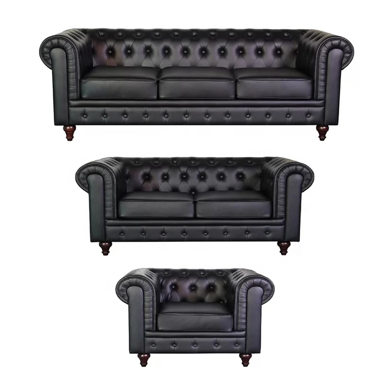 Chesterfield Sofa Light Luxury Modern Home Furniture Button Tufted Living Room Sofa Set Black Leather Armchair Chesterfield Sofa