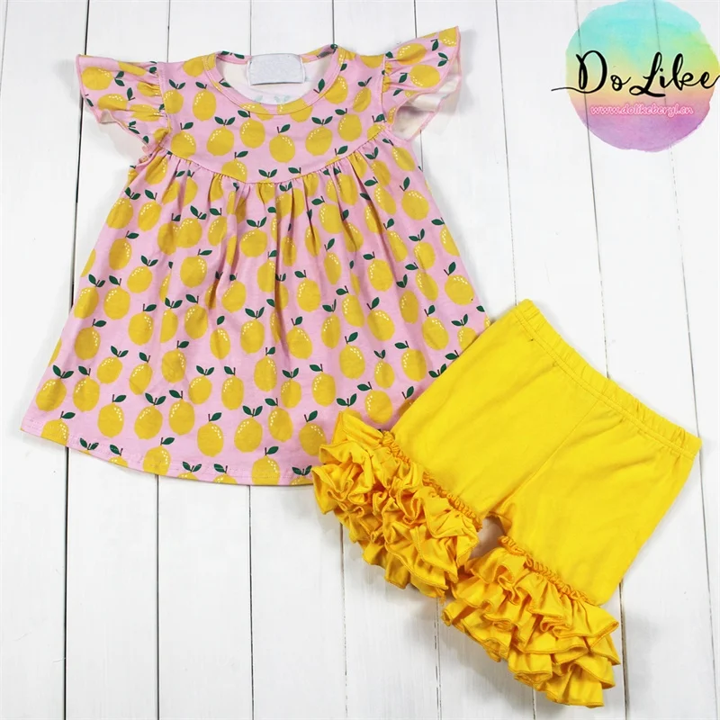 Bulk supply baby ruffle clothes lemon printed summer kids clothing sets boutique baby girls outfits kids clothing wholesale