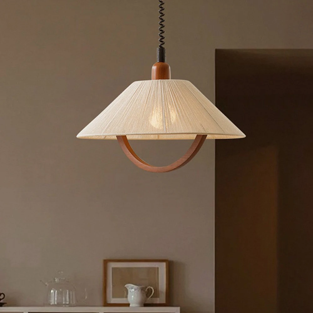 Wabi Sabi Style Solid Walnut Wood Cotton Thread Adjustable Beech Pull-Down Scandinavian Mobile Lighting Suspension Lamp