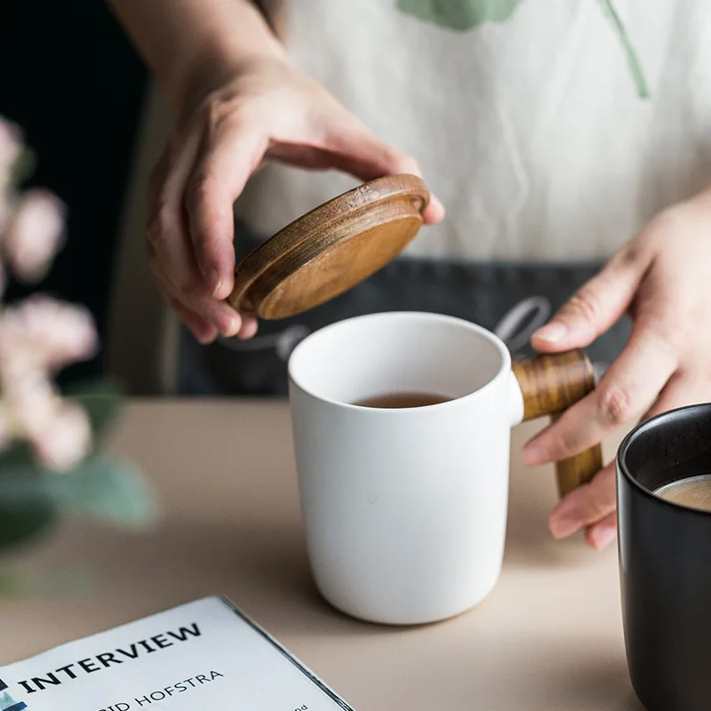 
customized bamboo wooden handle mug coffee wood handle ceramic mug wooden handle with lid 