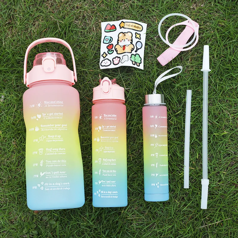 Gradient Frosted Leakproof 3pcs 1 Set Reusable Plastic Water Bottle With 3D Stickers Gym Cyclin