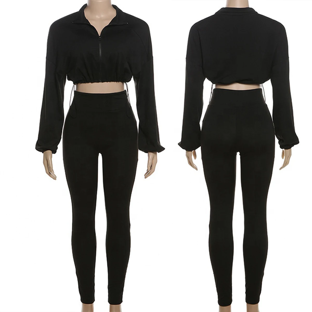 New Fall Women Biker Outfits Drawstring Crop Sweat Top+Leggings 2 Piece Sets Casual Sport Two Pieces Joggers Set Women Clothing