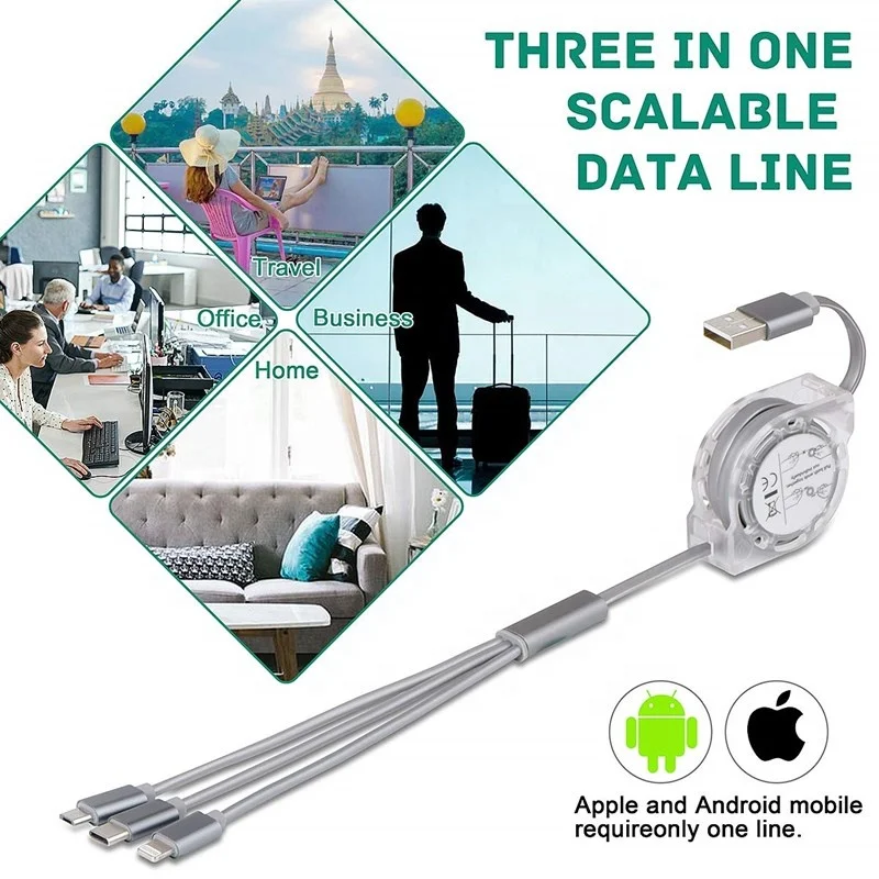 CE umigi 1,2 м 3.0A многократной зарядки Шнур адаптер 3in1 Выдвижной usb-шнур для телефонов, зарядное устройство, кабель USB Type-C, Micro android iPhone