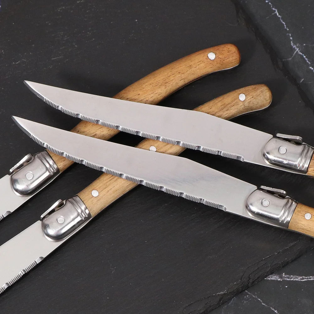 6-Piece Serrated Steak Knives Set Dinner Knife Cutlery Solid Wood Handle Full Tang Steel Laguiole Table Knife Sharp