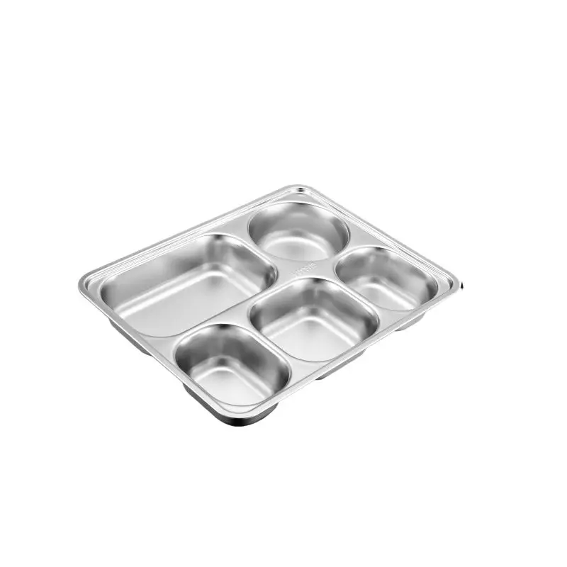 Stainless Steel Restaurant 5 Compartment Lunch Box Kid Student Cafeteria Dinner Fast Food Tray