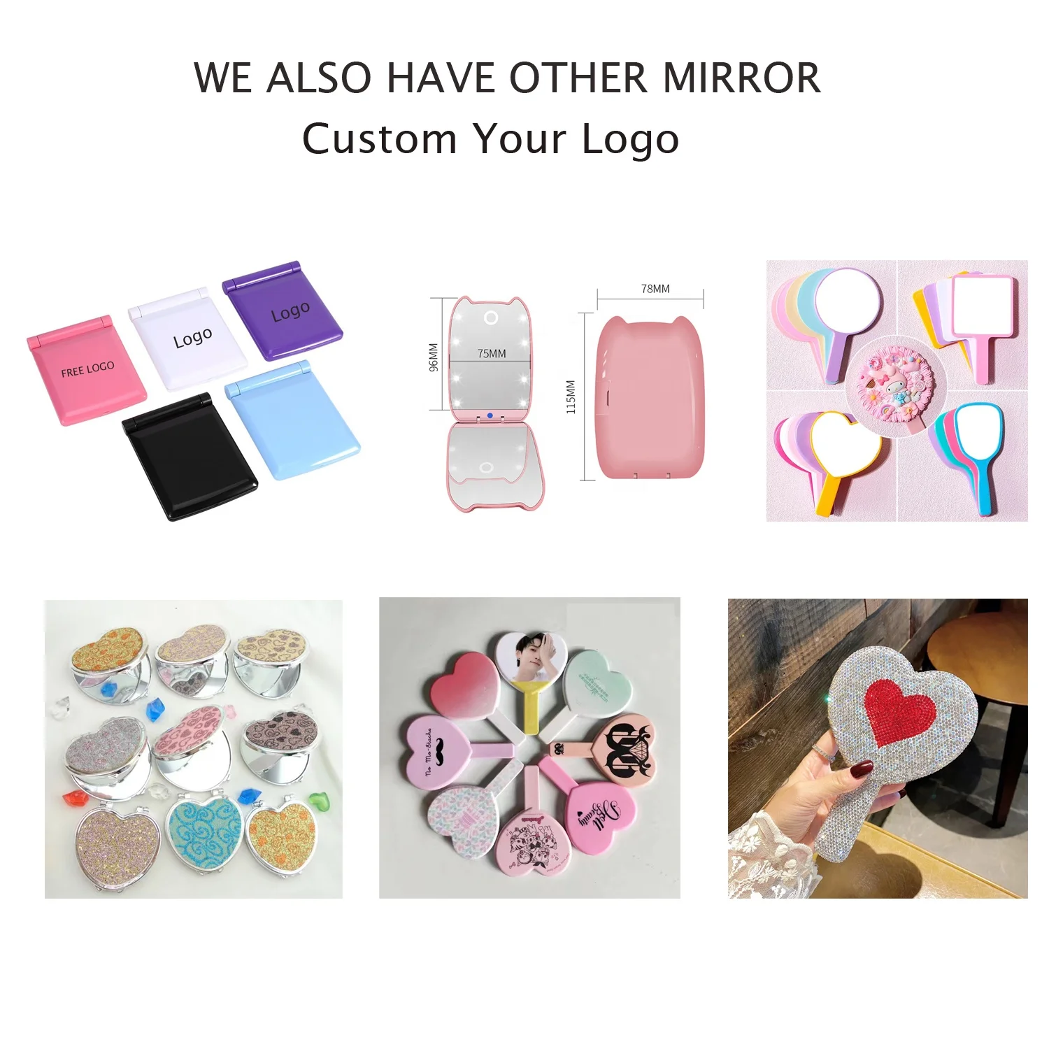 Mauri  Wholesale Pink Square Pu Pocket Mirror Embossed Travel Stainless Steel Metal Small Cosmetic Mirror with Pu Leather