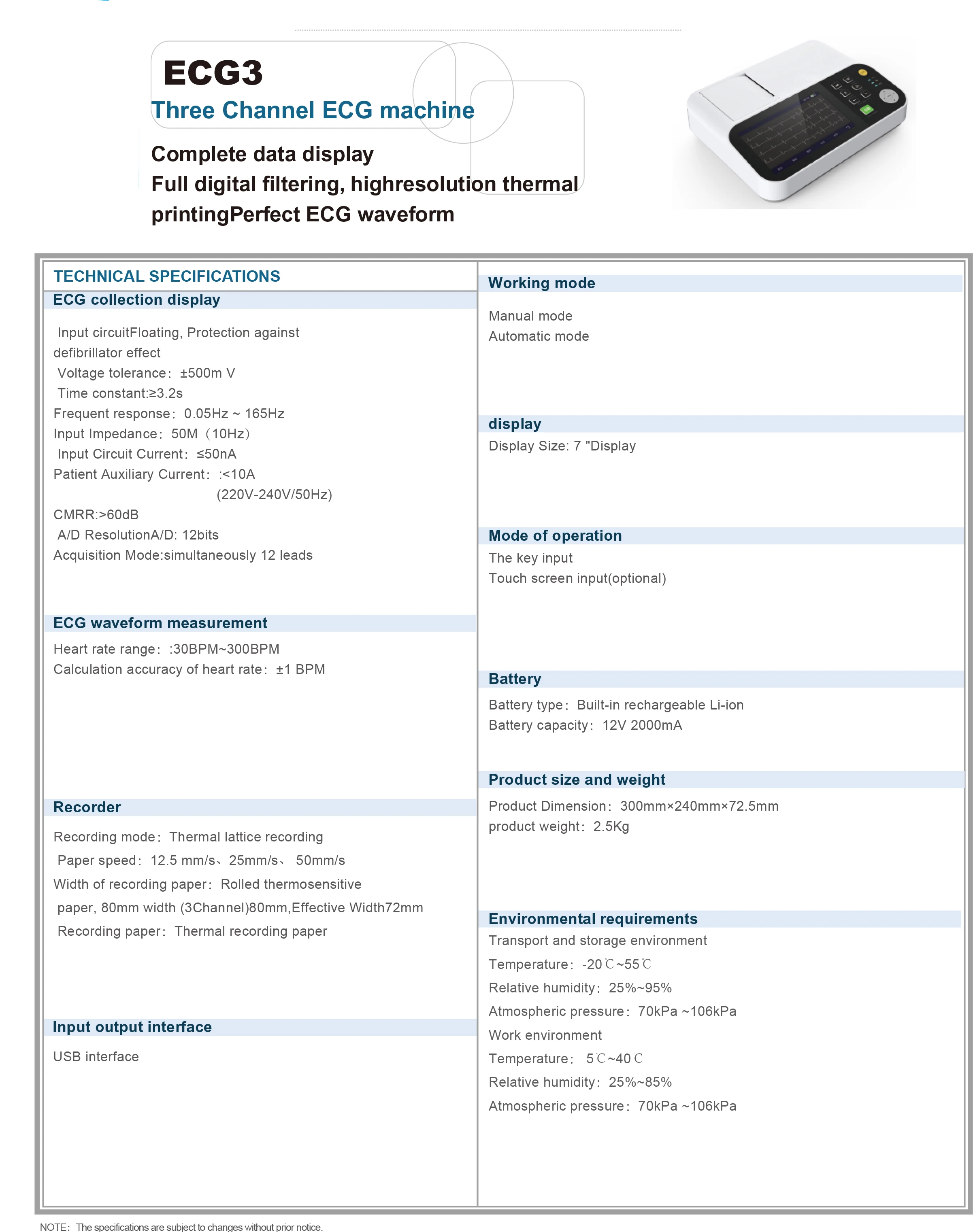 Digital Three Channel Electrocardiograph ECG Machine Electric Medical Devices Acrylic CE Holter Price Wearable Devices 3 Years