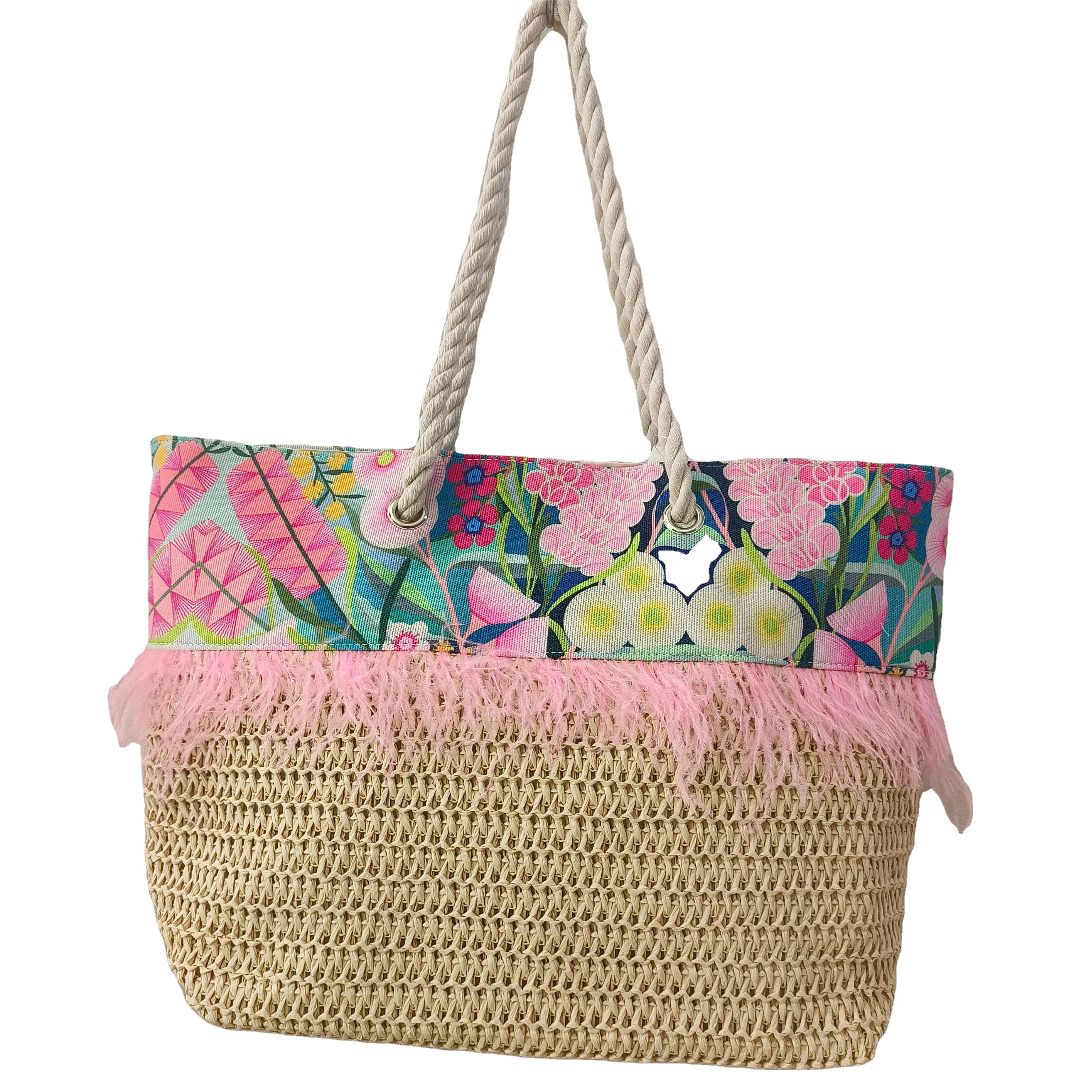 Ladies lazywind braided seaside beach shoulder bag with canvas feather lace embellishment