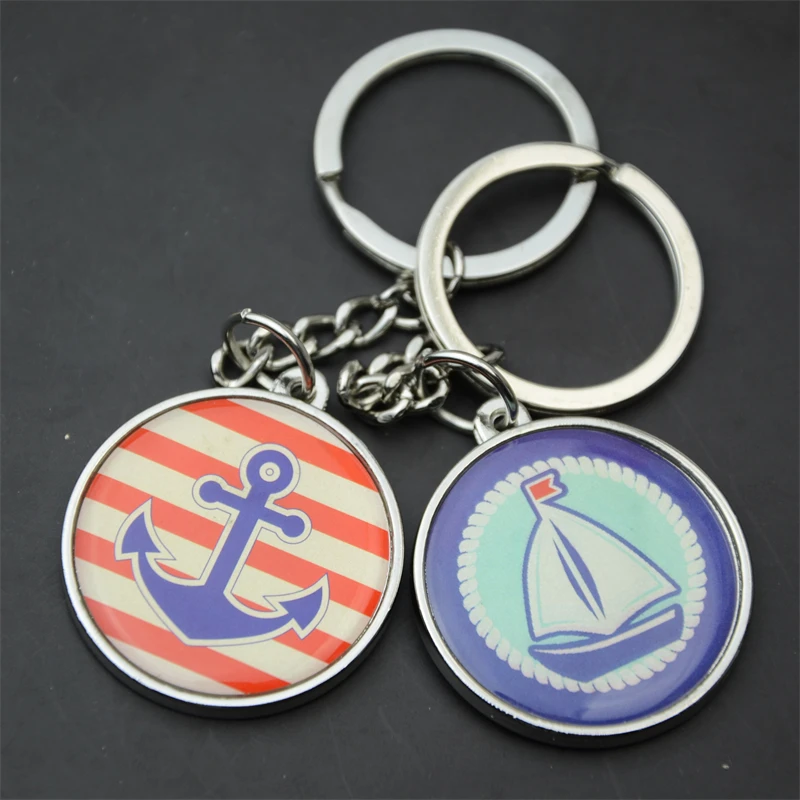 Custom metal circle key chain anchor epoxy round keyring boat