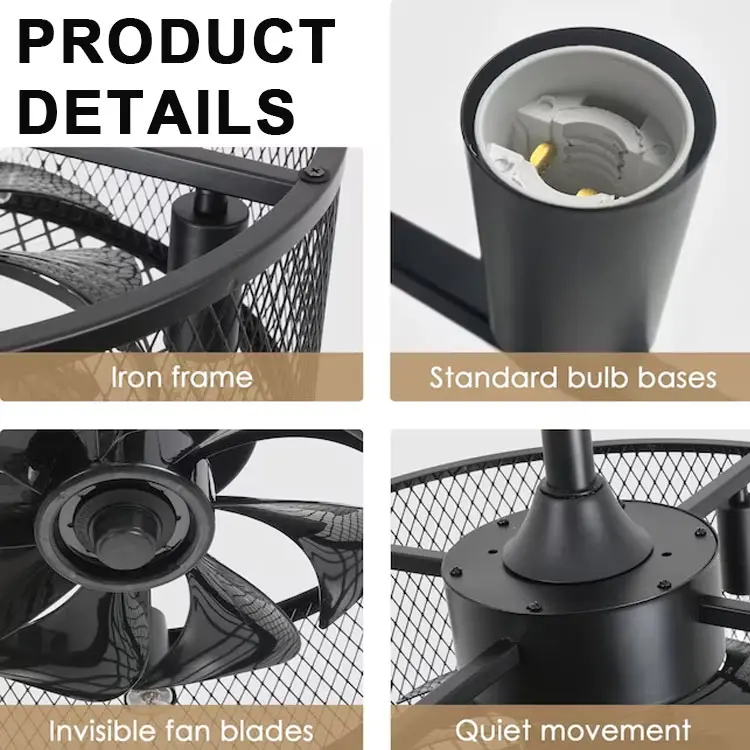 Caged Invisible Ceiling Fan Lighting Modern Industrial Low Profile Enclosed Black LED Indoor Chandelier Ceiling Fan with Light